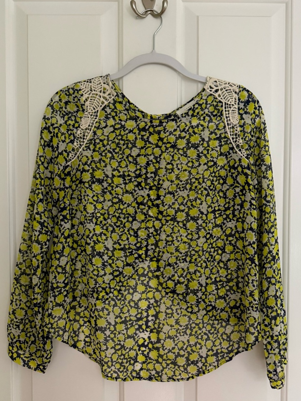 Lush Women’s Floral Lace-Trim Sheer Blouse - Lime Green and Blue Size SM